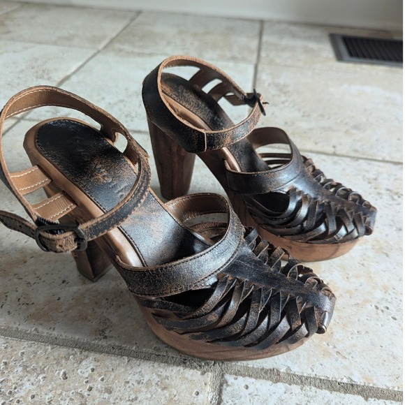 Five Worlds by Cordani Woven Leather Platform Sandals Brown Wood Heel Womens 7 - Picture 2 of 8